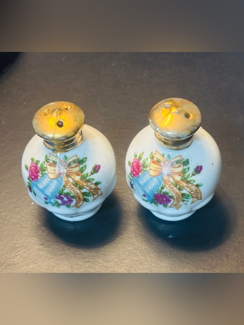 Vintage Happy Anniversary Floral Ceramic Salt and Pepper Shakers